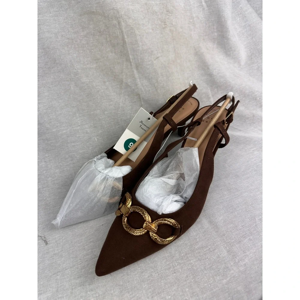 A New Day Womens Brown Slingback Kitten Heels Gold Chain Detail Size 9 NWT
